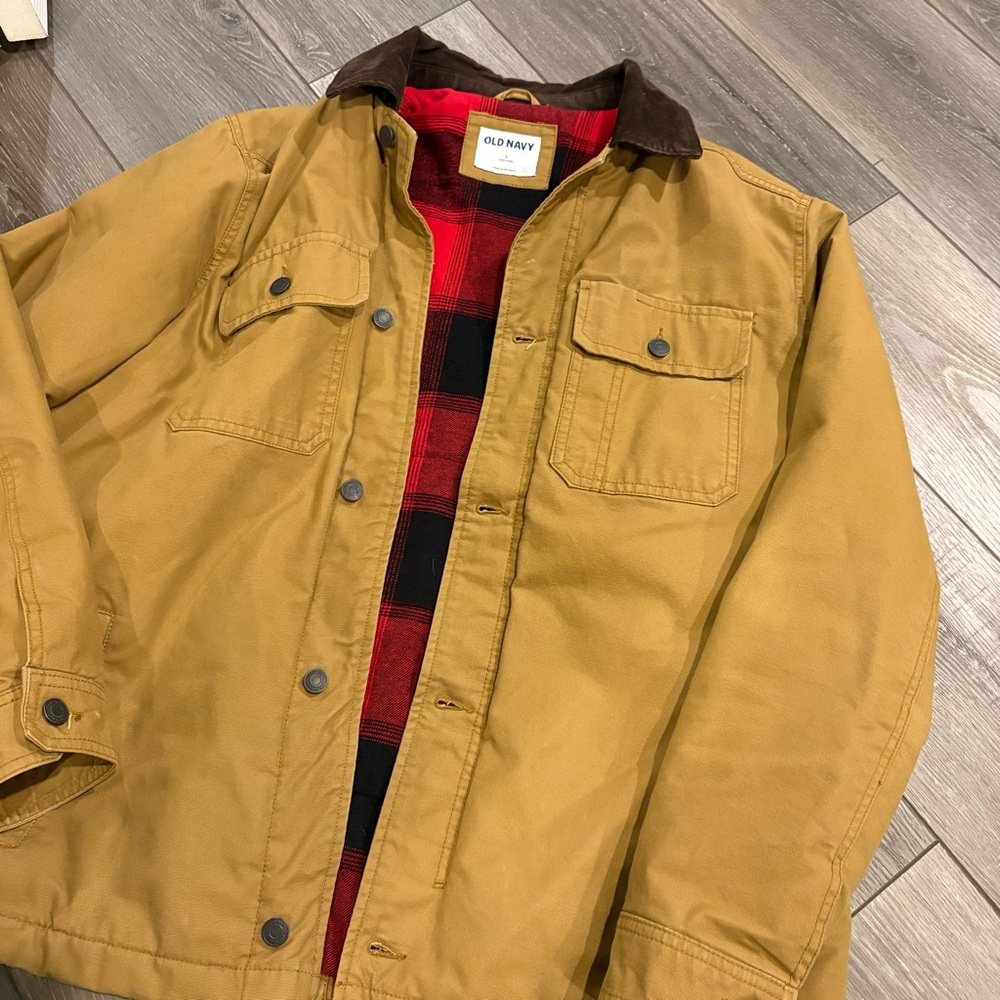 Old Navy Fleece Lined Tan Barn Jacket Coat with Red Lining Mens Large